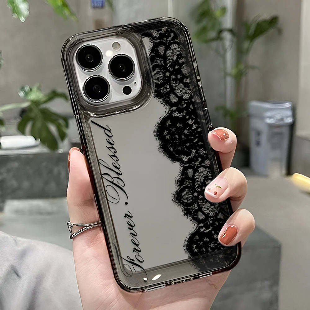 Black Lace Phone Case for iPhone 17 Pro Case 15 14 Pro Max 16 12 Shockproof Transparent Bumper Back Cover 17 Air 16 15 14 Plus