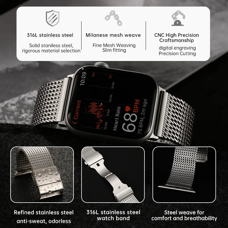luxury Apple Watch Ultra 2 Strap 49mm, 316L Stainless Steel Milanese Mesh Band, For Apple Watch 45mm 44mm 41mm 40mm Bracelet