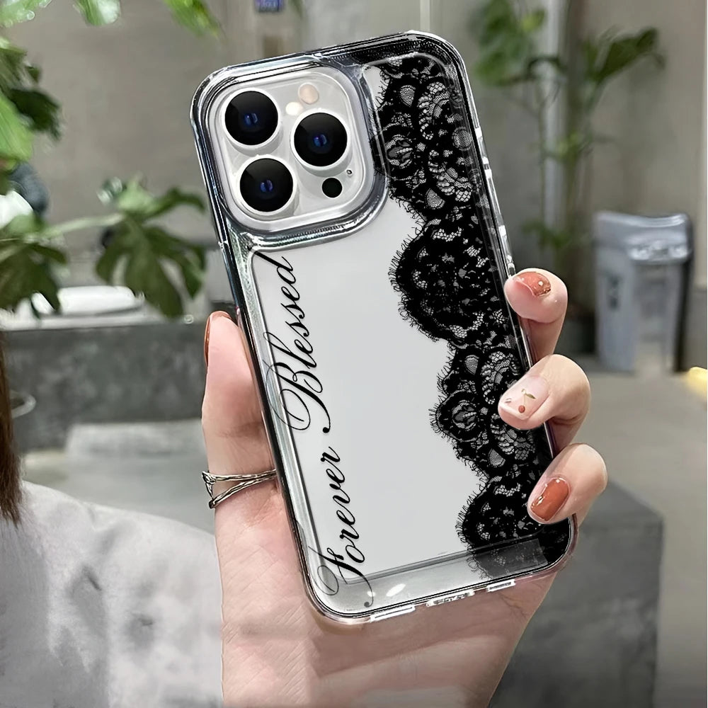 Black Lace Phone Case for iPhone 17 Pro Case 15 14 Pro Max 16 12 Shockproof Transparent Bumper Back Cover 17 Air 16 15 14 Plus