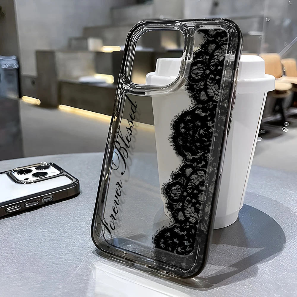 Black Lace Phone Case for iPhone 17 Pro Case 15 14 Pro Max 16 12 Shockproof Transparent Bumper Back Cover 17 Air 16 15 14 Plus