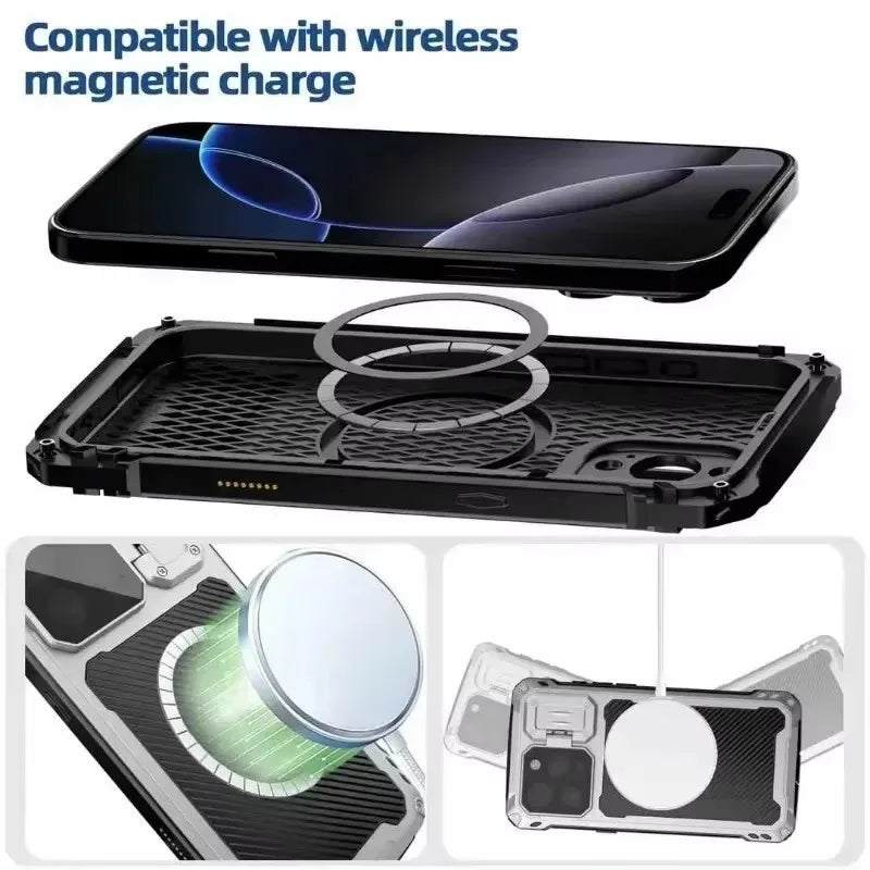 Built-in Magnetic Aluminum Metal Phone Case For iPhone 16 15 Plus 14 Pro Max Shockproof Heavy Duty Screen Lens Protection Cover
