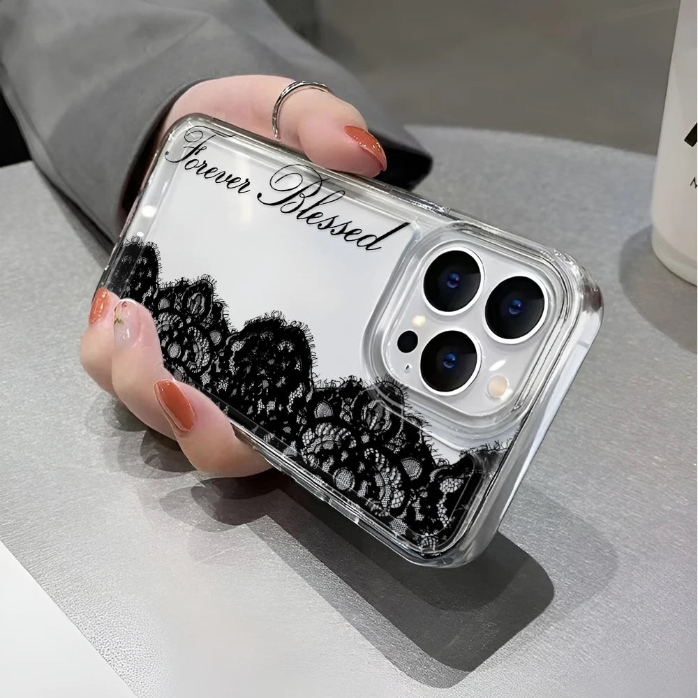 Black Lace Phone Case for iPhone 17 Pro Case 15 14 Pro Max 16 12 Shockproof Transparent Bumper Back Cover 17 Air 16 15 14 Plus