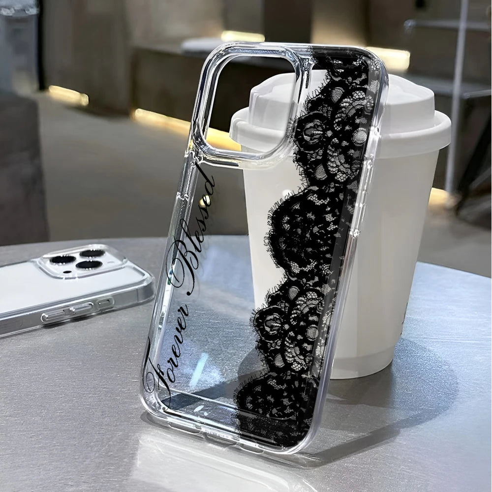 Black Lace Phone Case for iPhone 17 Pro Case 15 14 Pro Max 16 12 Shockproof Transparent Bumper Back Cover 17 Air 16 15 14 Plus