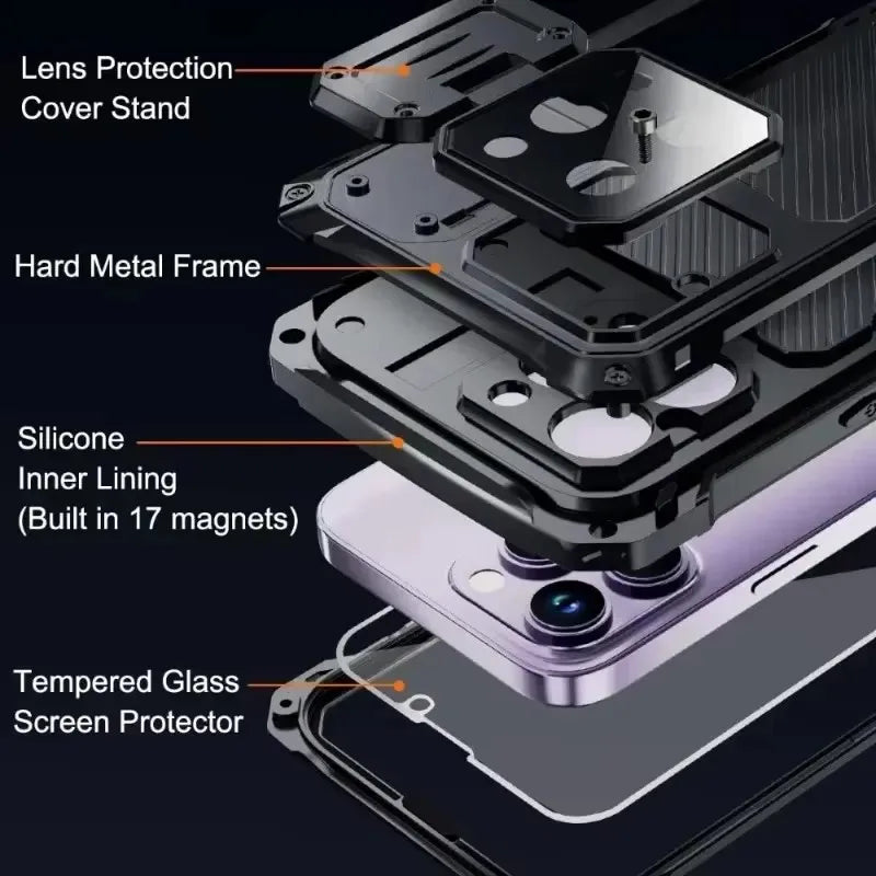 Built-in Magnetic Aluminum Metal Phone Case For iPhone 16 15 Plus 14 Pro Max Shockproof Heavy Duty Screen Lens Protection Cover